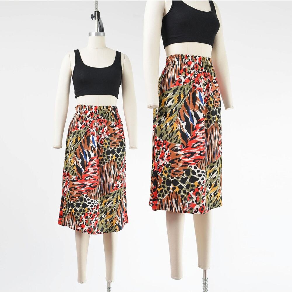Vintage 80s Animal Print Leopard Zebra Safari Elastic Waist Boho Midi Skirt XS S